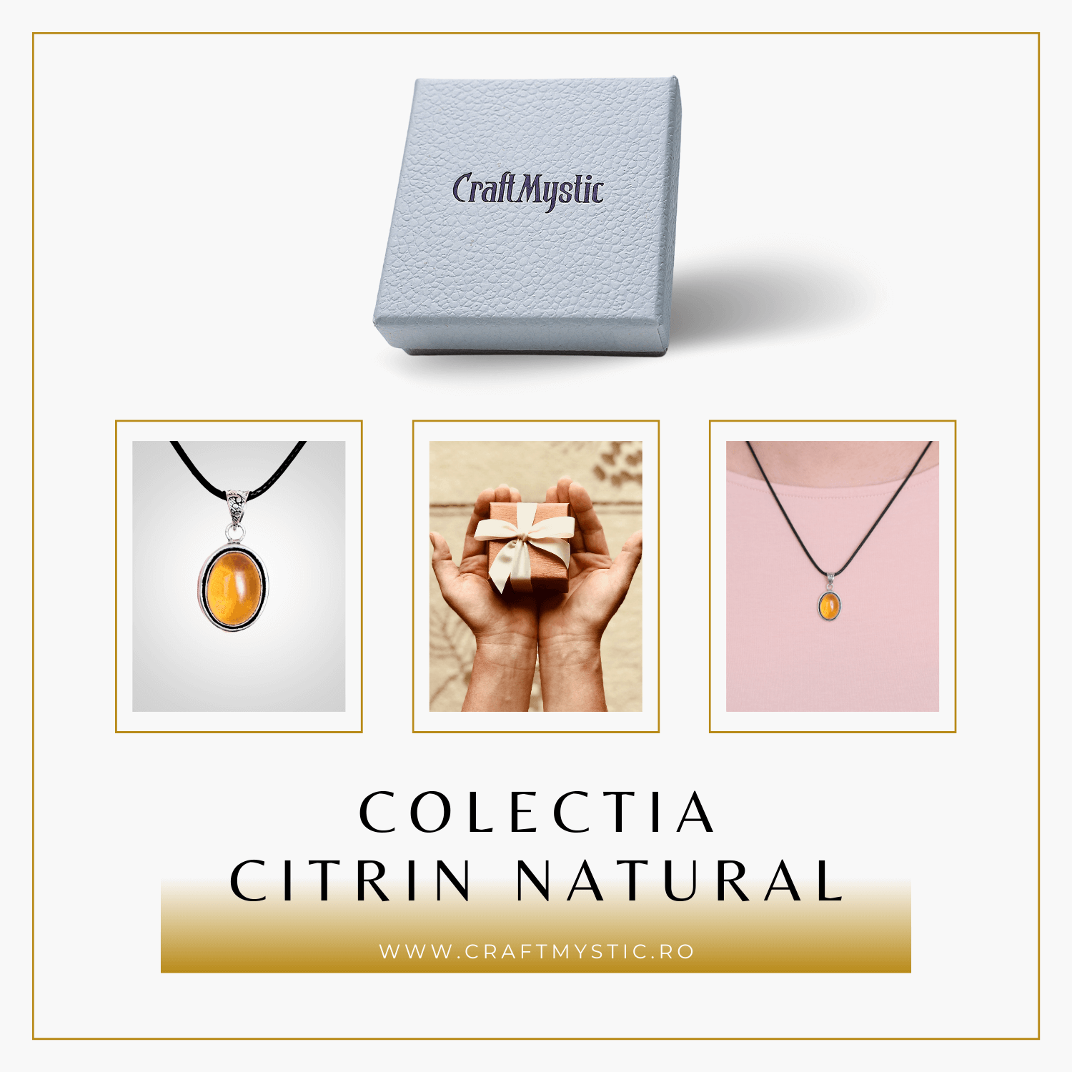Colier Reglabil cu Pandantiv Oval din Metal Argintiu și Citrin Natural