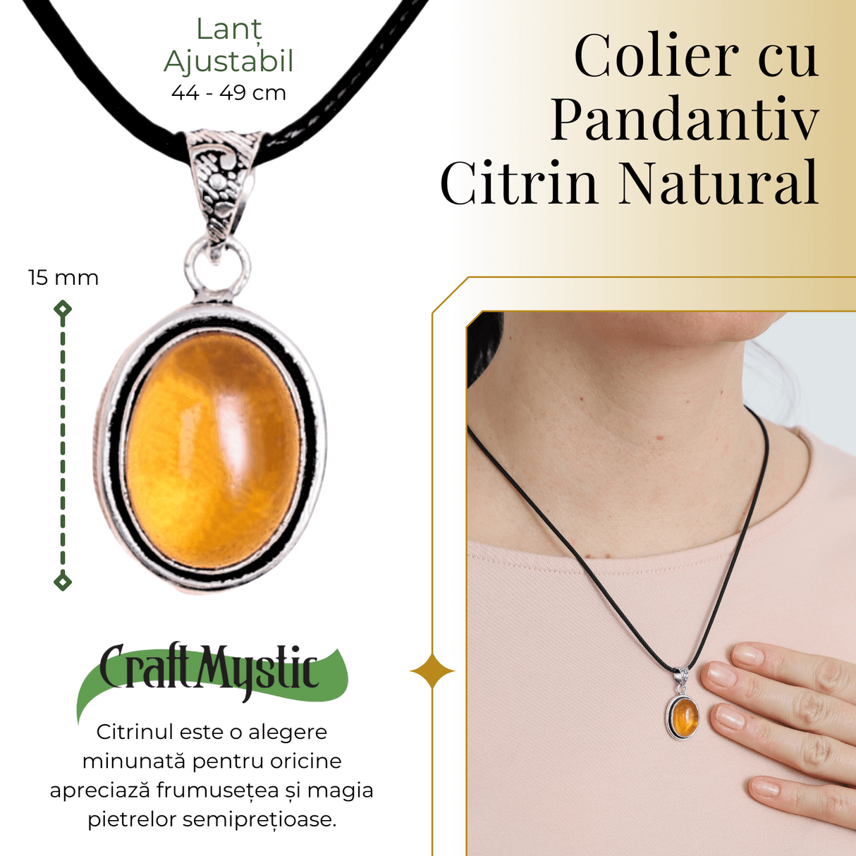 Colier Reglabil cu Pandantiv Oval din Metal Argintiu și Citrin Natural