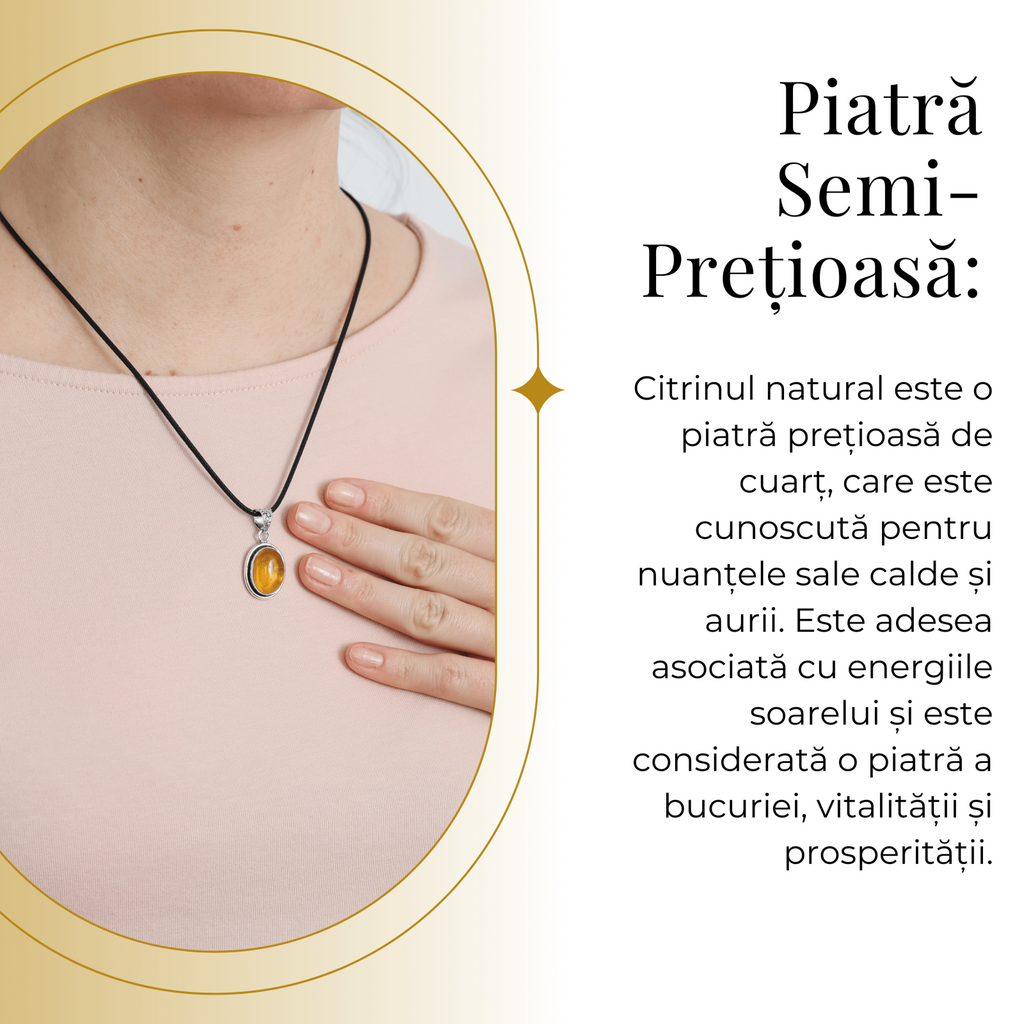 Colier Reglabil cu Pandantiv Oval din Metal Argintiu și Citrin Natural