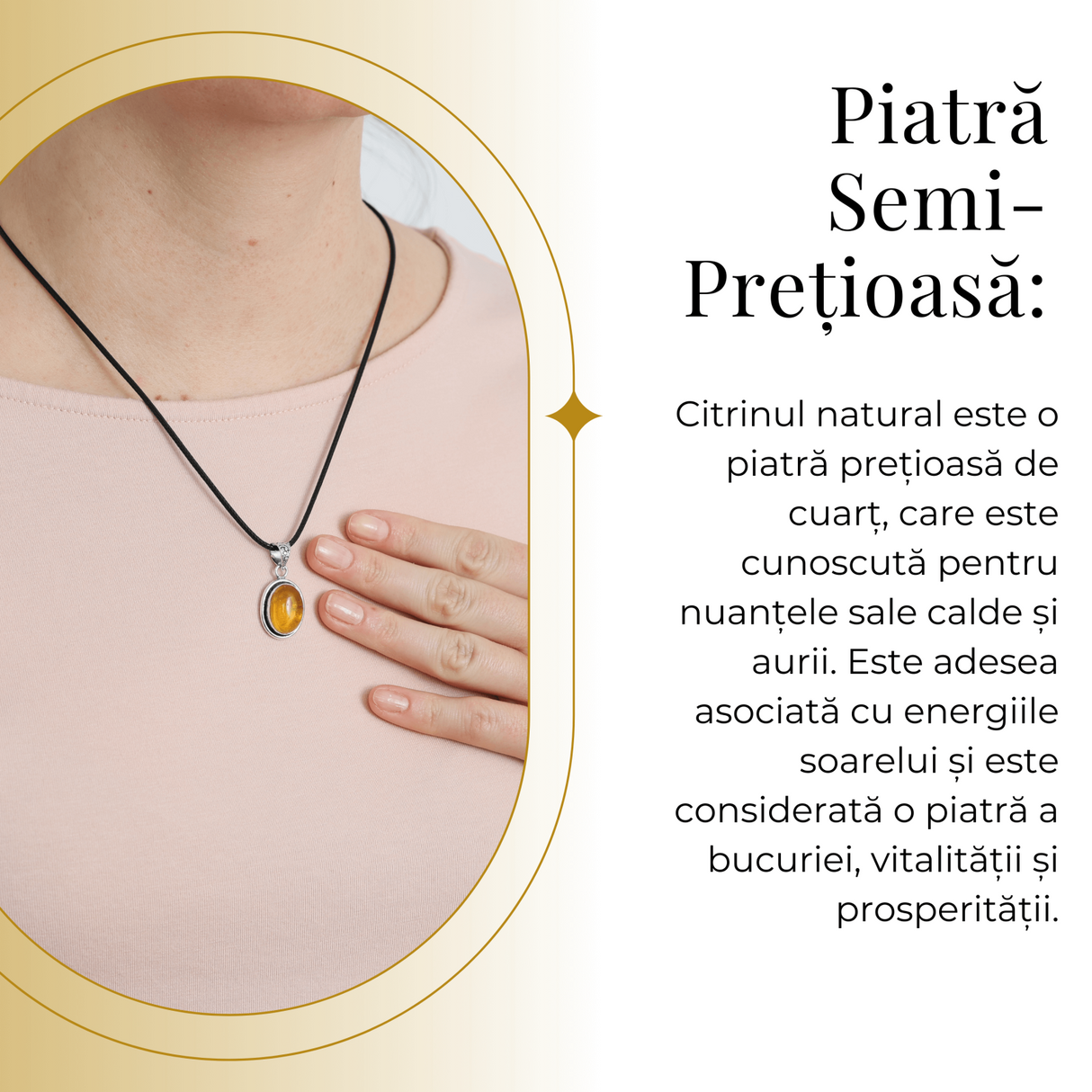 Colier Reglabil cu Pandantiv Oval din Metal Argintiu și Citrin Natural