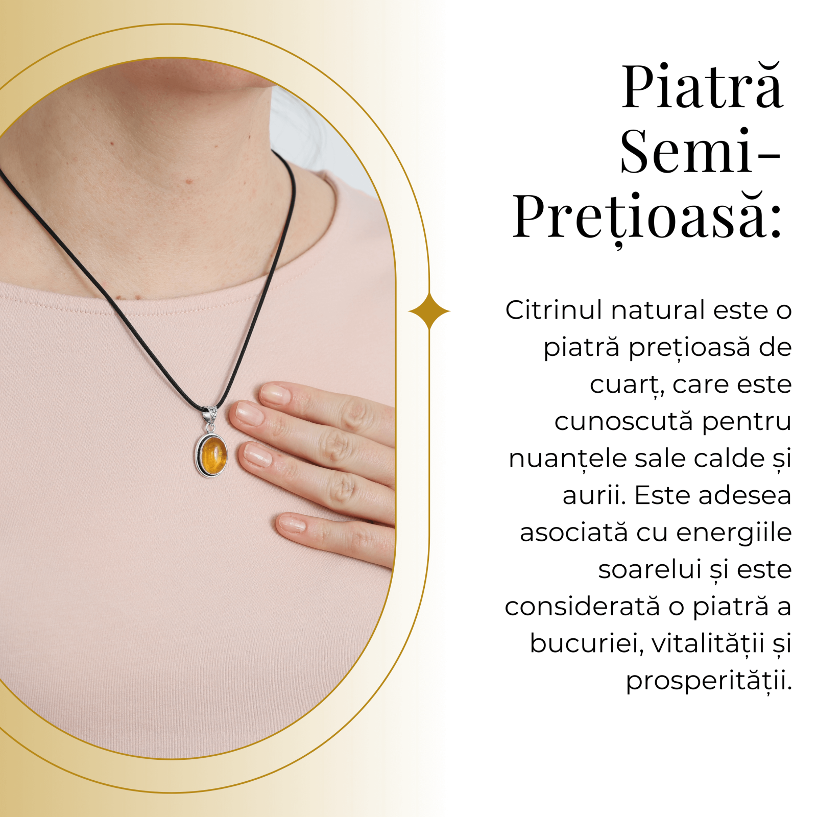 Colier Reglabil cu Pandantiv Oval din Metal Argintiu și Citrin Natural