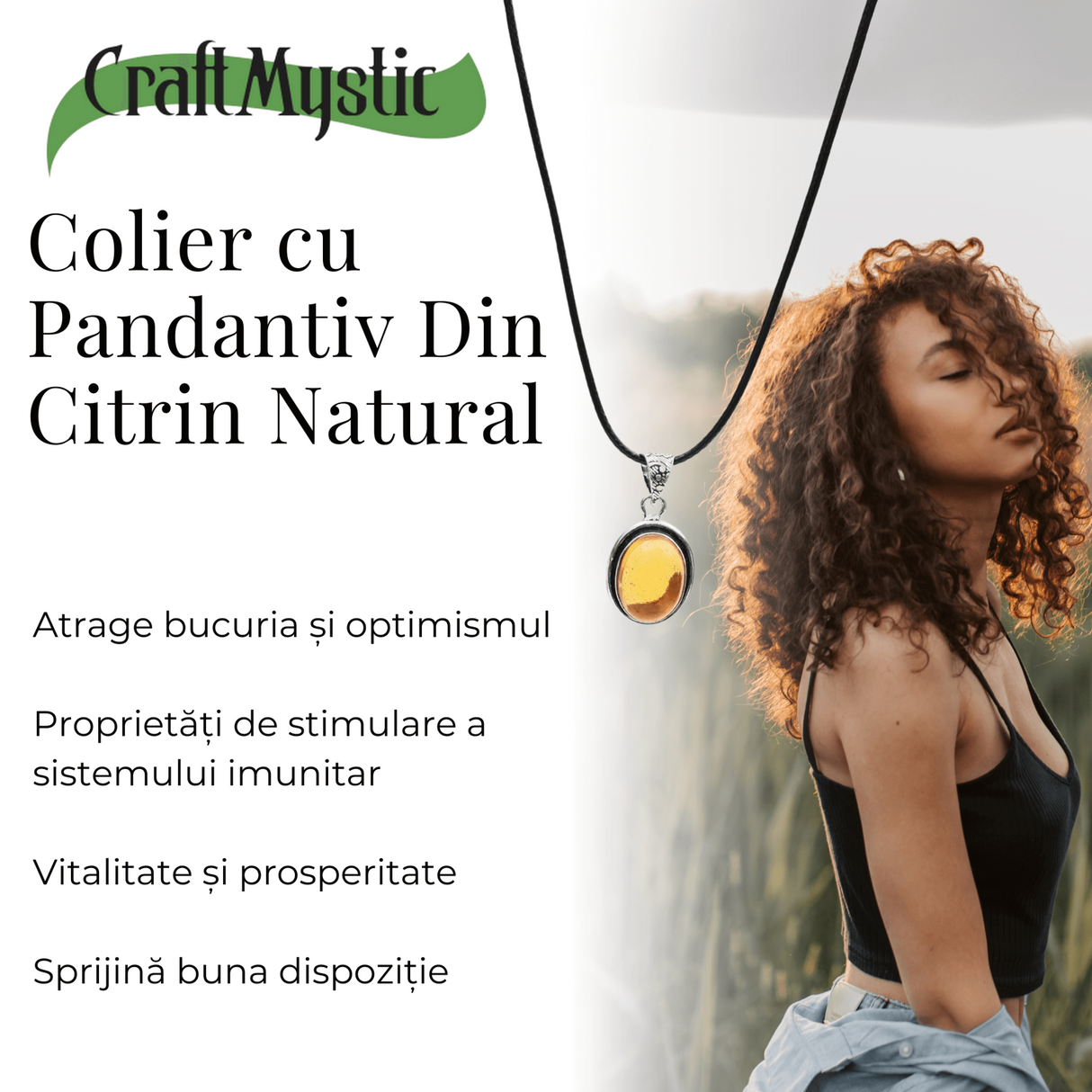 Colier Reglabil cu Pandantiv Oval din Metal Argintiu și Citrin Natural