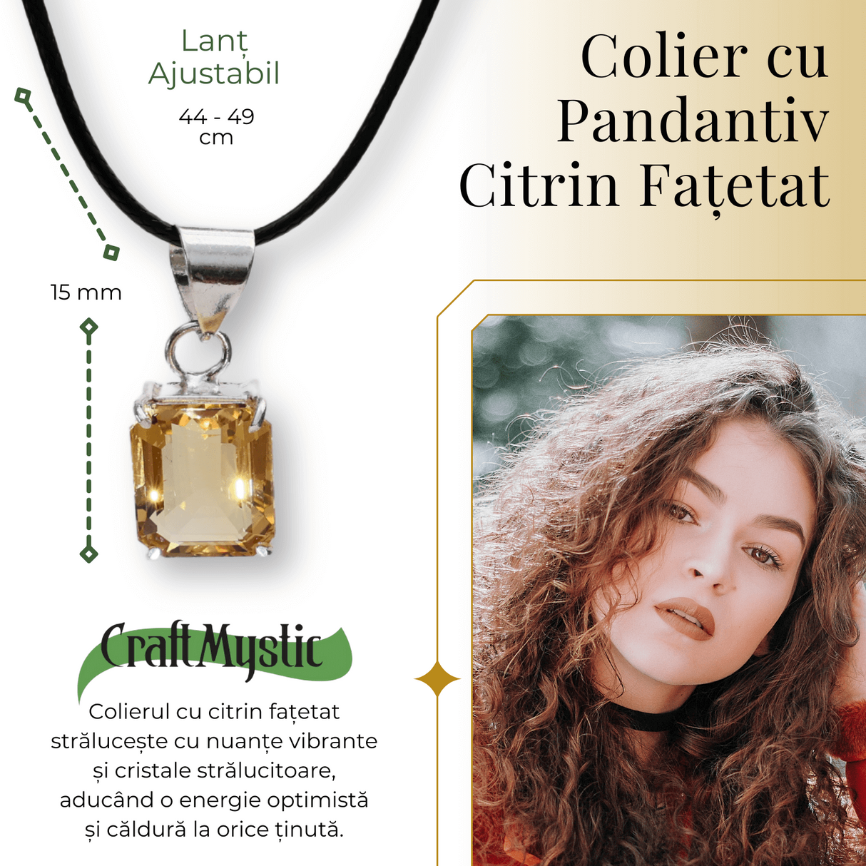 Colier Reglabil cu Pandantiv Argintiu 15mm in Forma Dreptunghiulara cu Citrin Natural Fatetat
