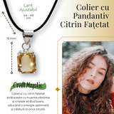 Colier Reglabil cu Pandantiv Argintiu 15mm in Forma Dreptunghiulara cu Citrin Natural Fatetat