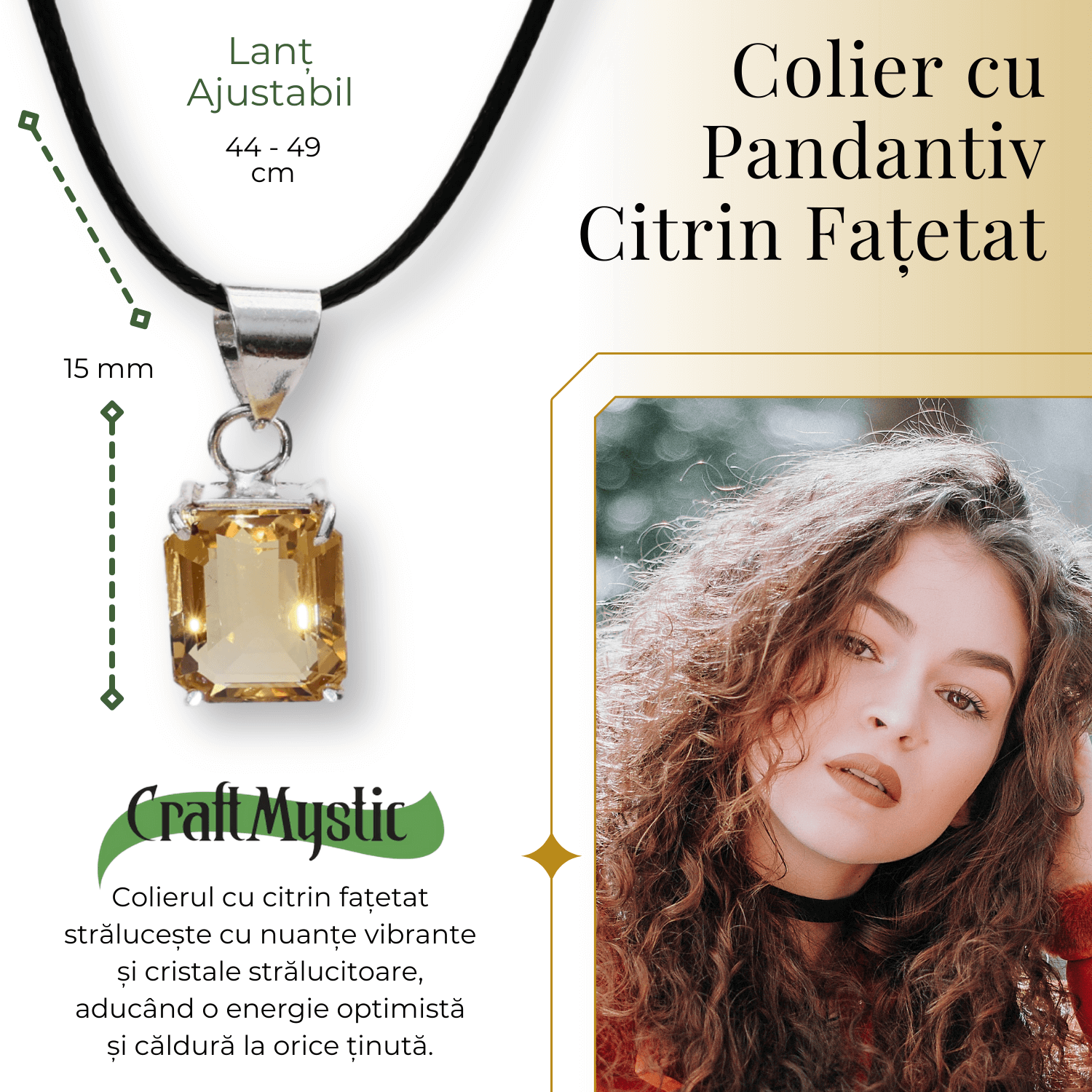 Colier Reglabil cu Pandantiv Argintiu 15mm in Forma Dreptunghiulara cu Citrin Natural Fatetat