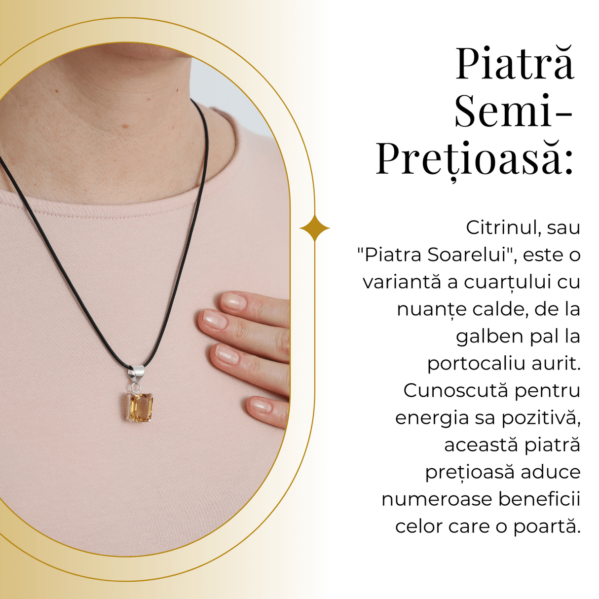 Colier Reglabil cu Pandantiv Argintiu 15mm in Forma Dreptunghiulara cu Citrin Natural Fatetat