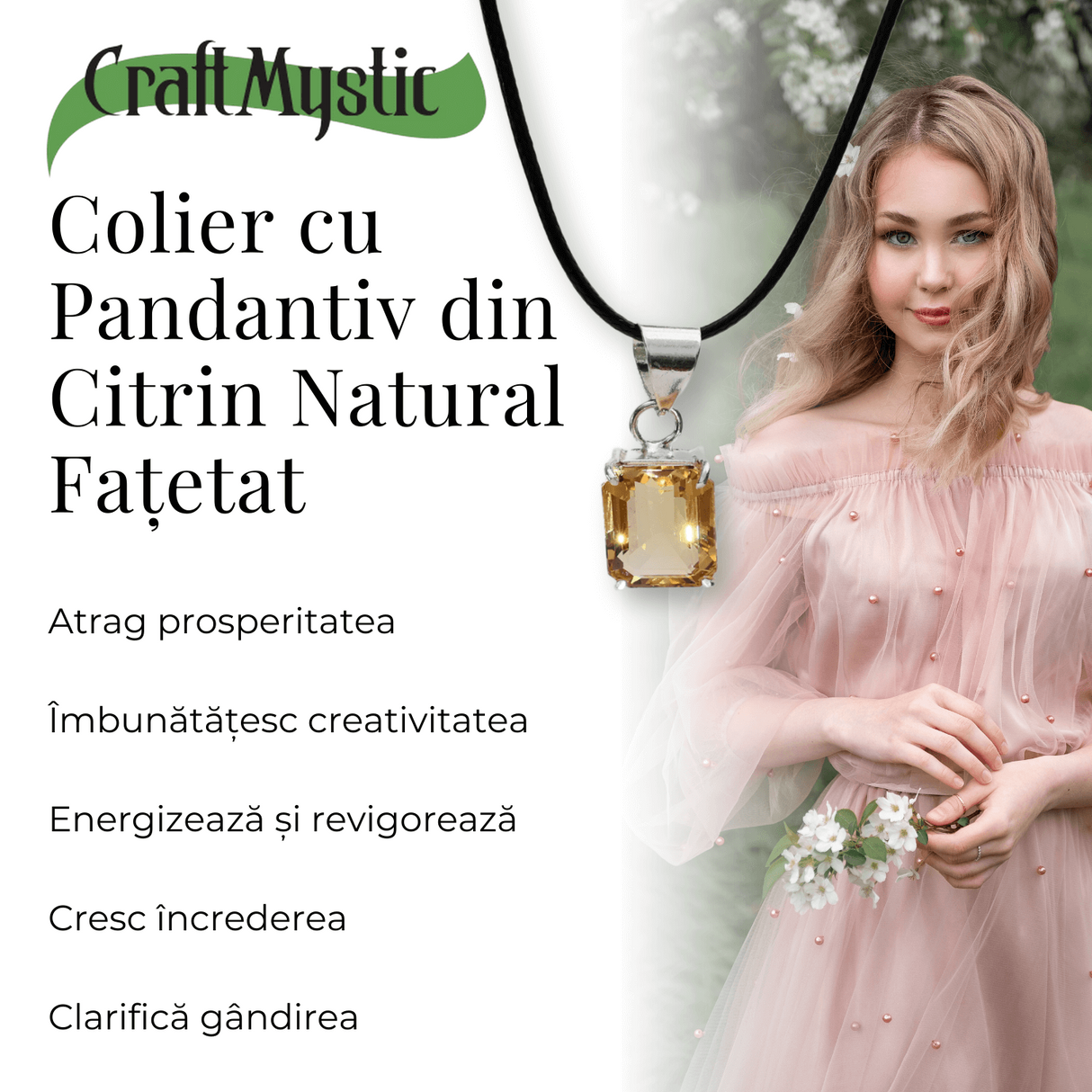 Colier Reglabil cu Pandantiv Argintiu 15mm in Forma Dreptunghiulara cu Citrin Natural Fatetat