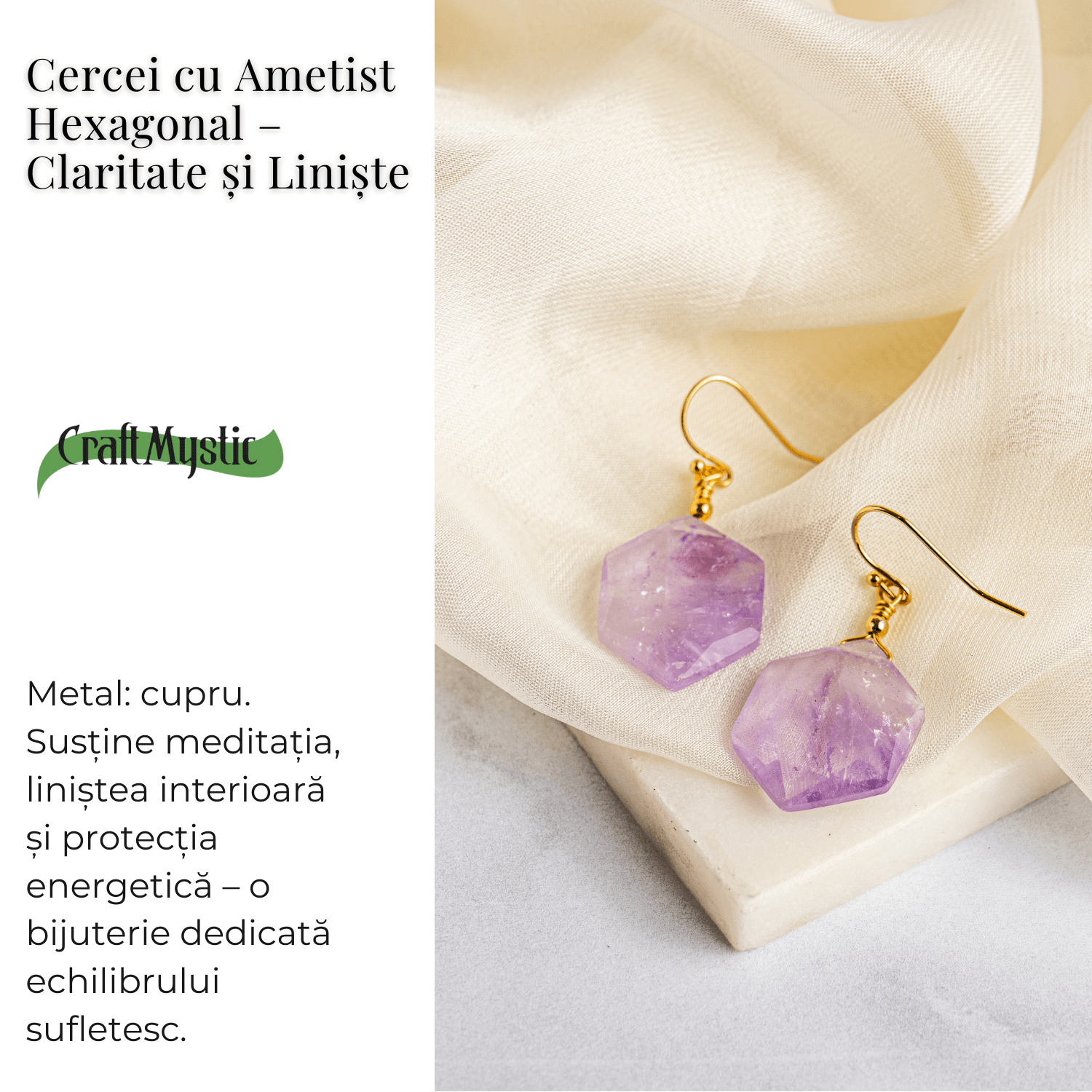Claritate si Liniste – Cercei cu Ametist Hexagonal