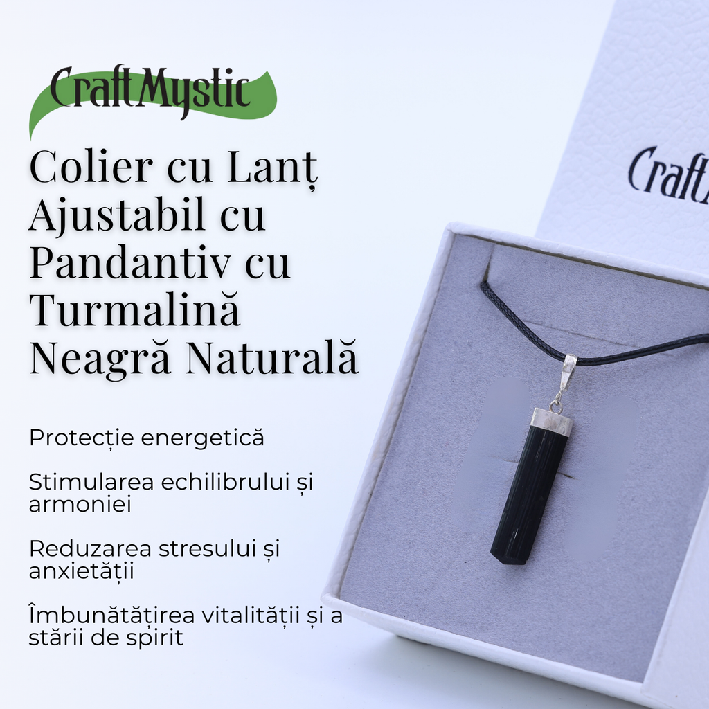 Colier Ajustabil cu Pandantiv din Turmalina neagra subtire 3-4 cm Argintiu