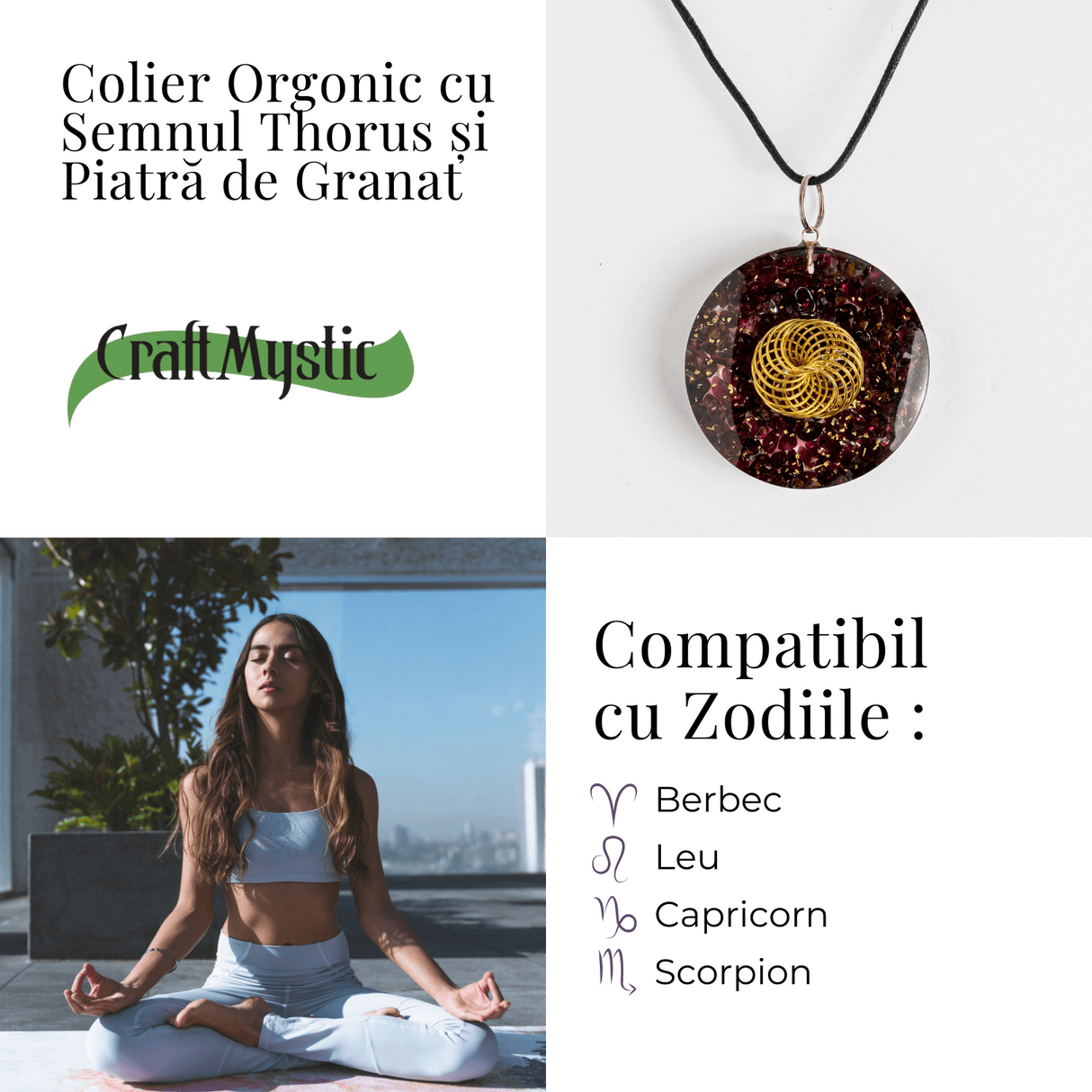 Colier ajustabil orgonic cu semnul Torus si Granat pentru energie si echilibru
