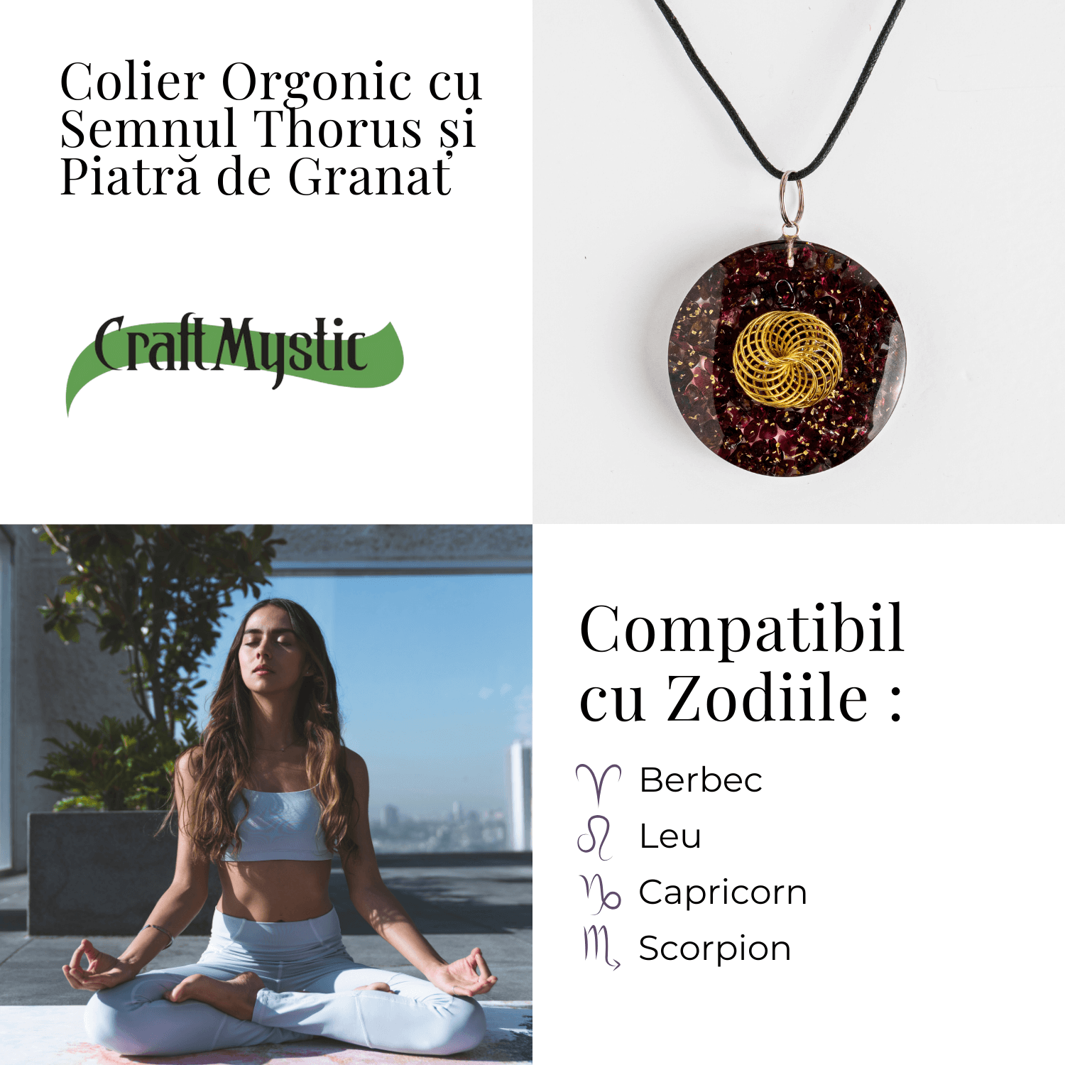 Colier ajustabil orgonic cu semnul Torus si Granat pentru energie si echilibru