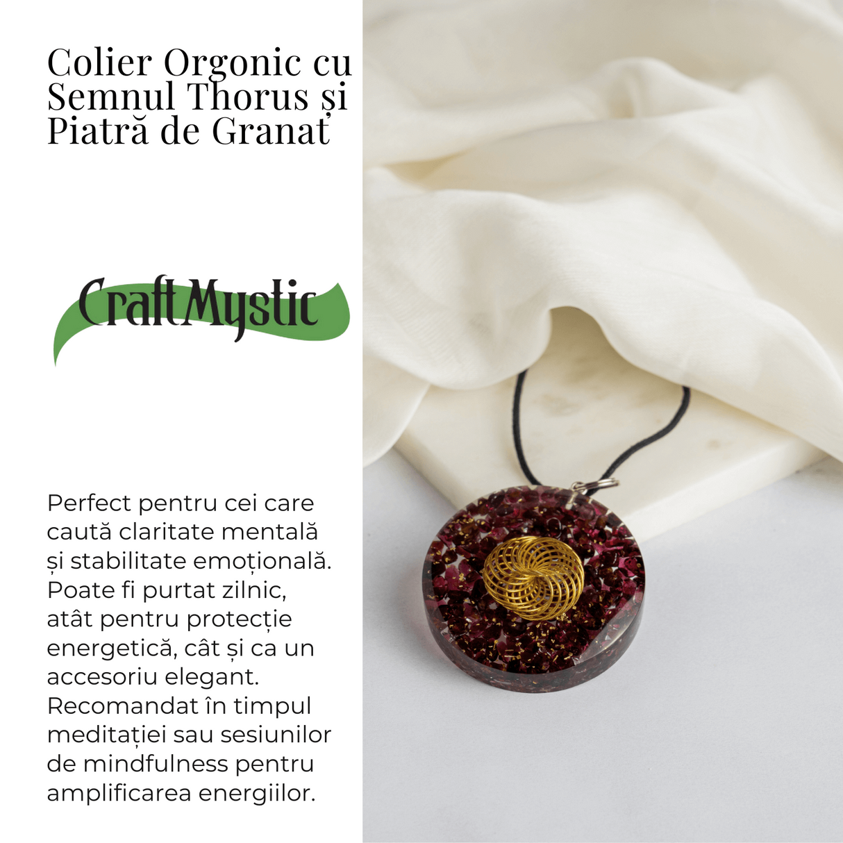 Colier ajustabil orgonic cu semnul Torus si Granat pentru energie si echilibru