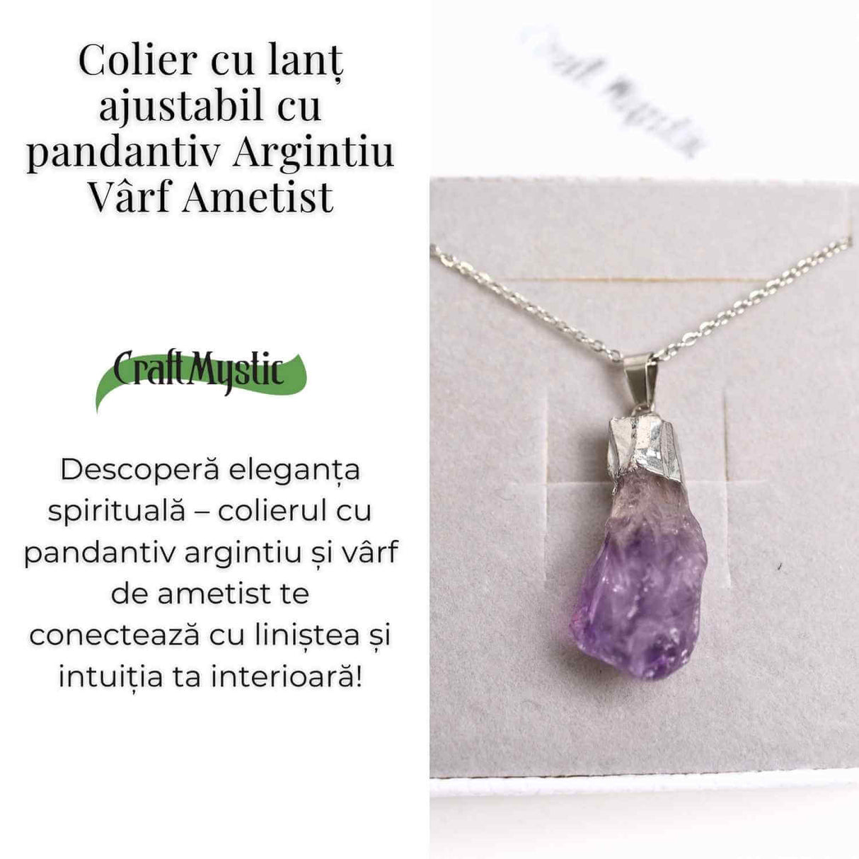 Colier argintiu cu varf de ametist brut – Calm si Eleganta Naturala