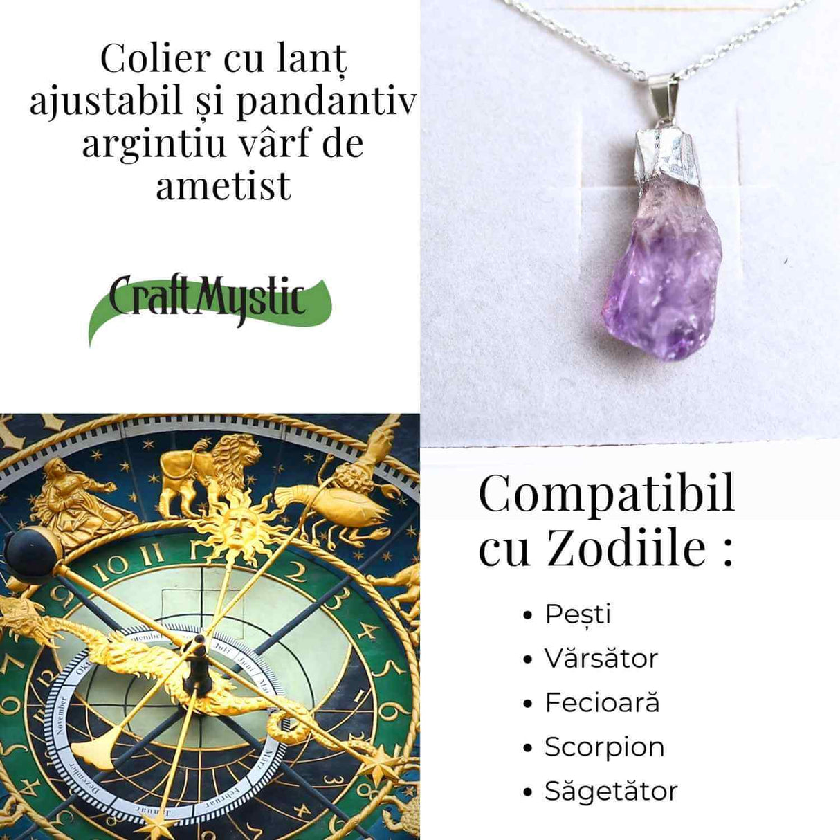 Colier argintiu cu varf de ametist brut – Calm si Eleganta Naturala