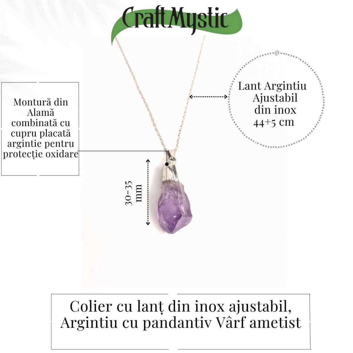 Colier argintiu cu varf de ametist brut – Calm si Eleganta Naturala