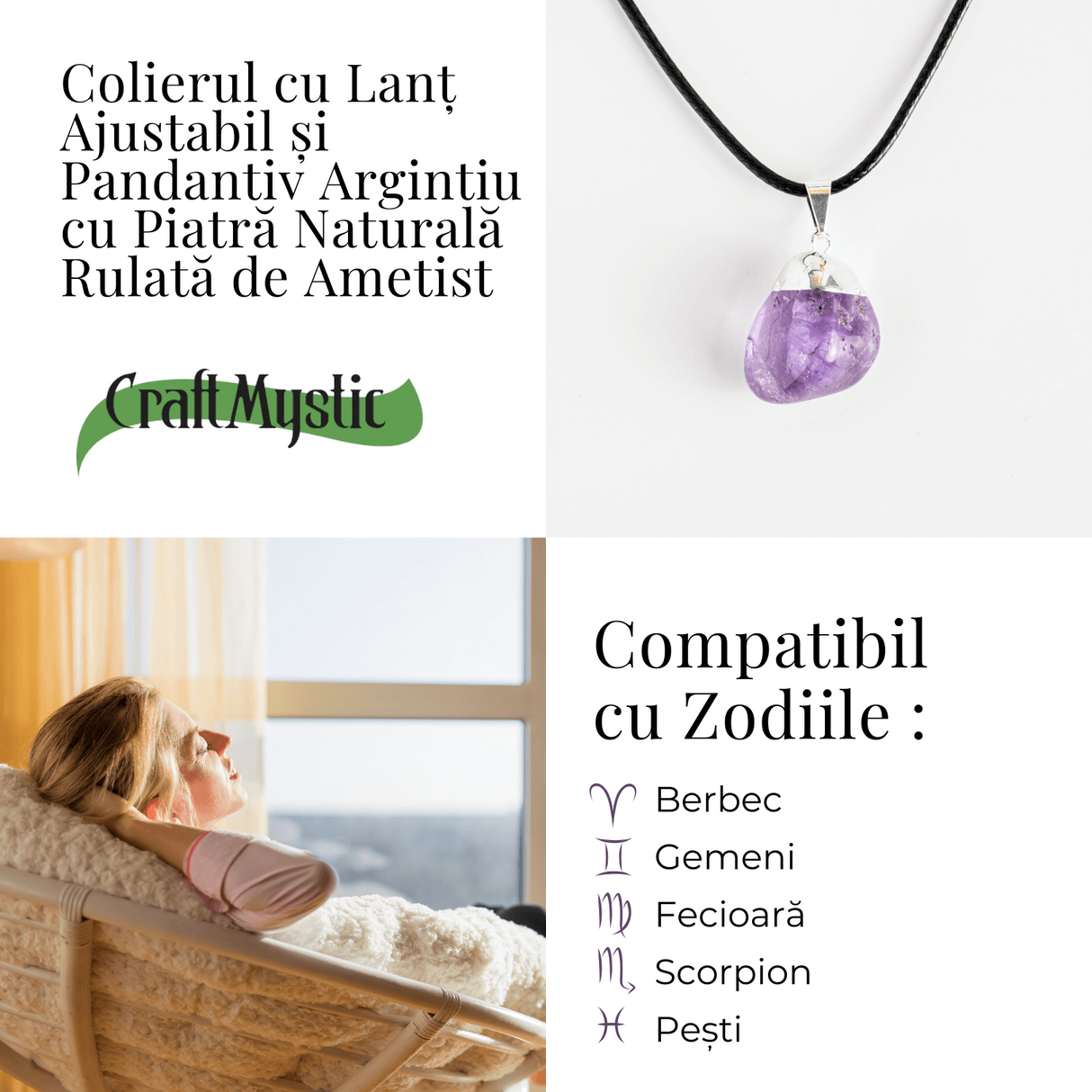 Colier cu Piatra Rulata de Ametist Natural – Calm si Protectie Spirituala