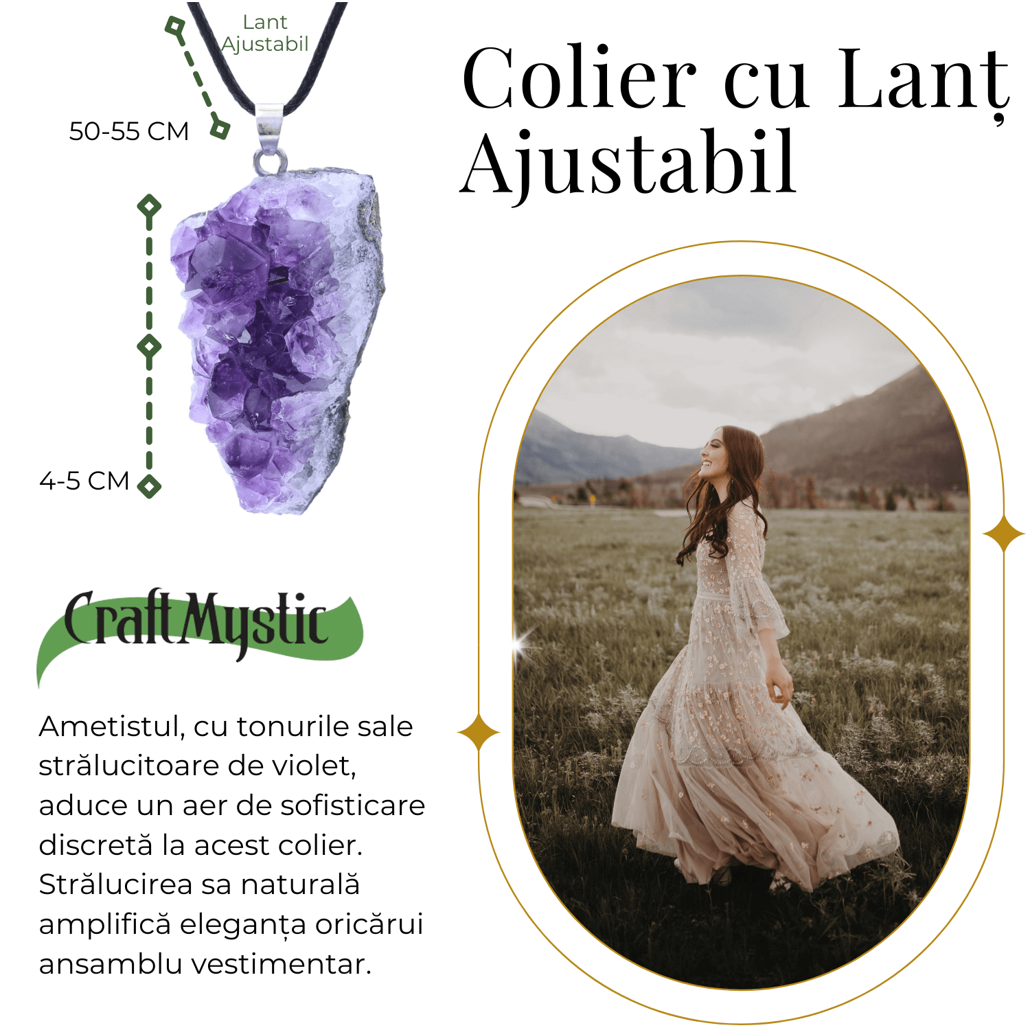 Colier ajustabil cu pandantiv Ametist brut cluster neregulat, calm si claritate