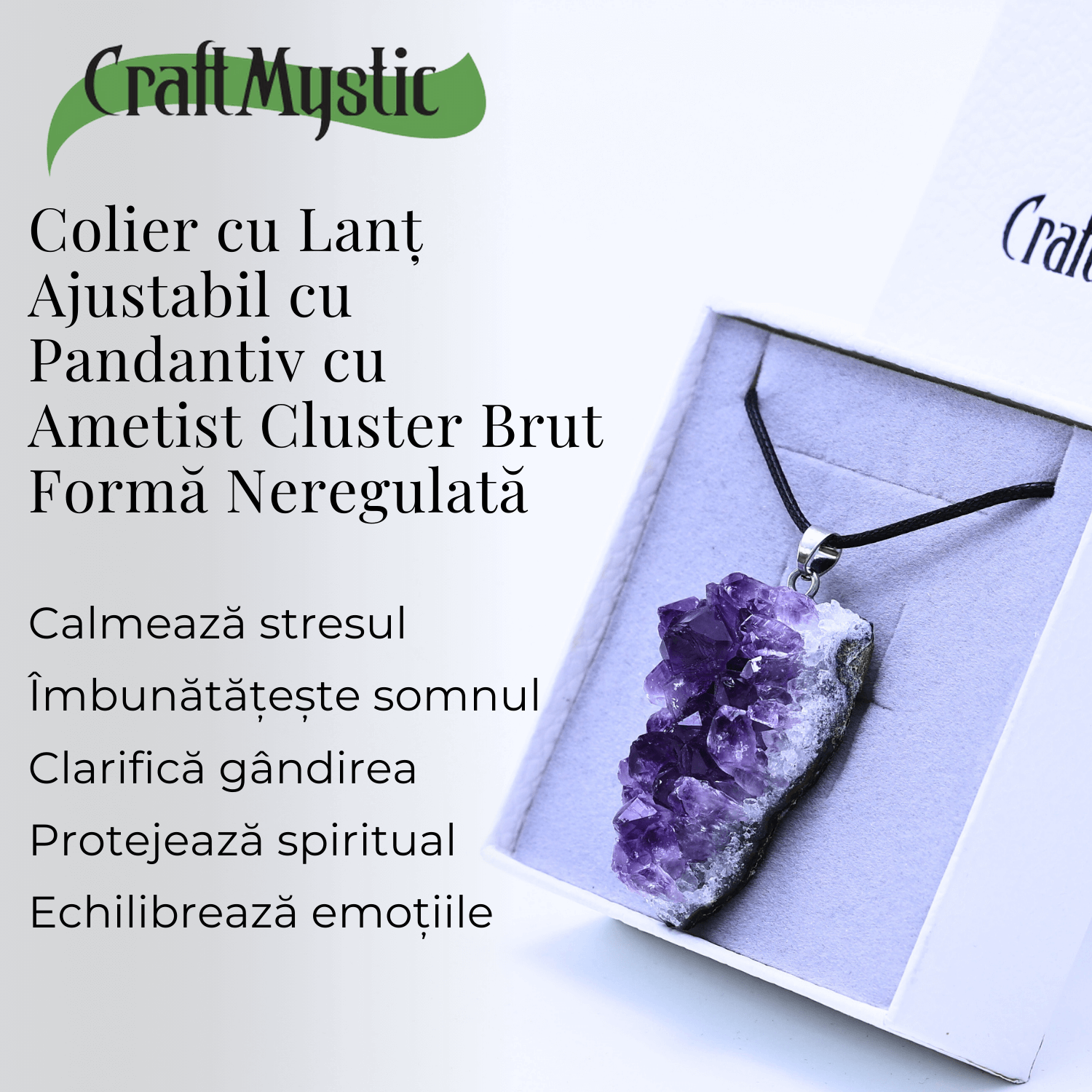Colier ajustabil cu pandantiv Ametist brut cluster neregulat, calm si claritate