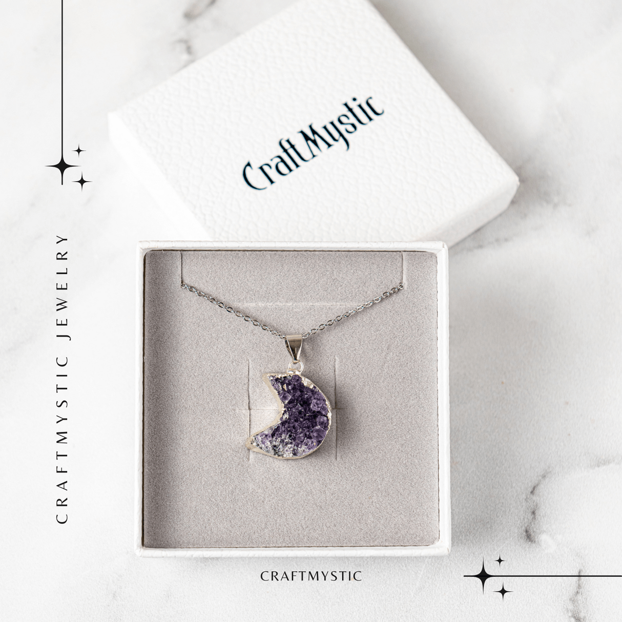Colier Argintiu cu Ametist Druzy Semiluna – Claritate si Echilibru