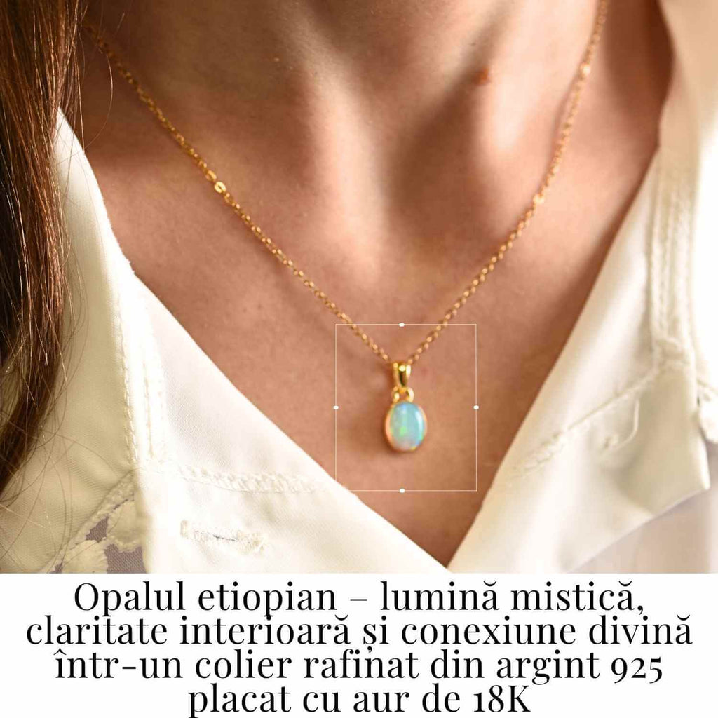 Colier cu lant inox si Opal Etiopian montura Argint 925 cu Aur 18K– Claritate si Intuitie