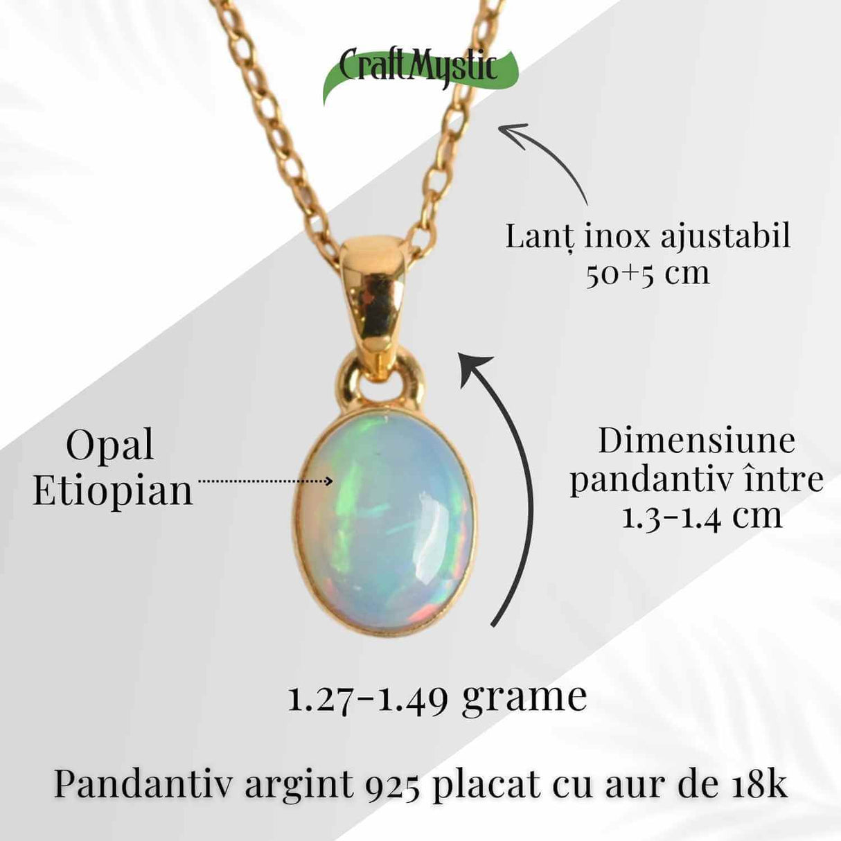 Colier cu lant inox si Opal Etiopian montura Argint 925 cu Aur 18K– Claritate si Intuitie
