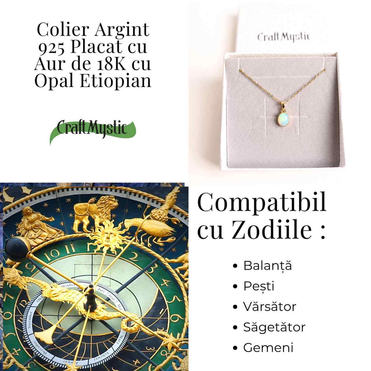 Colier cu lant inox si Opal Etiopian montura Argint 925 cu Aur 18K– Claritate si Intuitie
