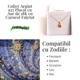 Colier cu lant inox cu Carneol Oval in montura Argint 925 Placat cu Aur 18K – Energie si Vitalitate Zilnica