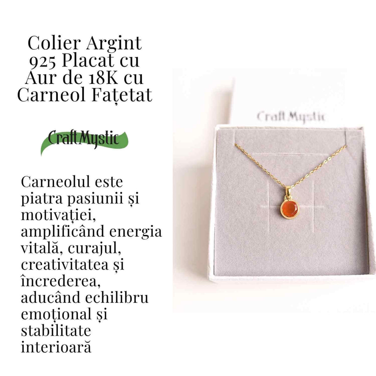 Colier cu lant inox cu Carneol Rotund in montura Argint 925 Placat cu Aur 18K – Energie si Curaj Zilnic