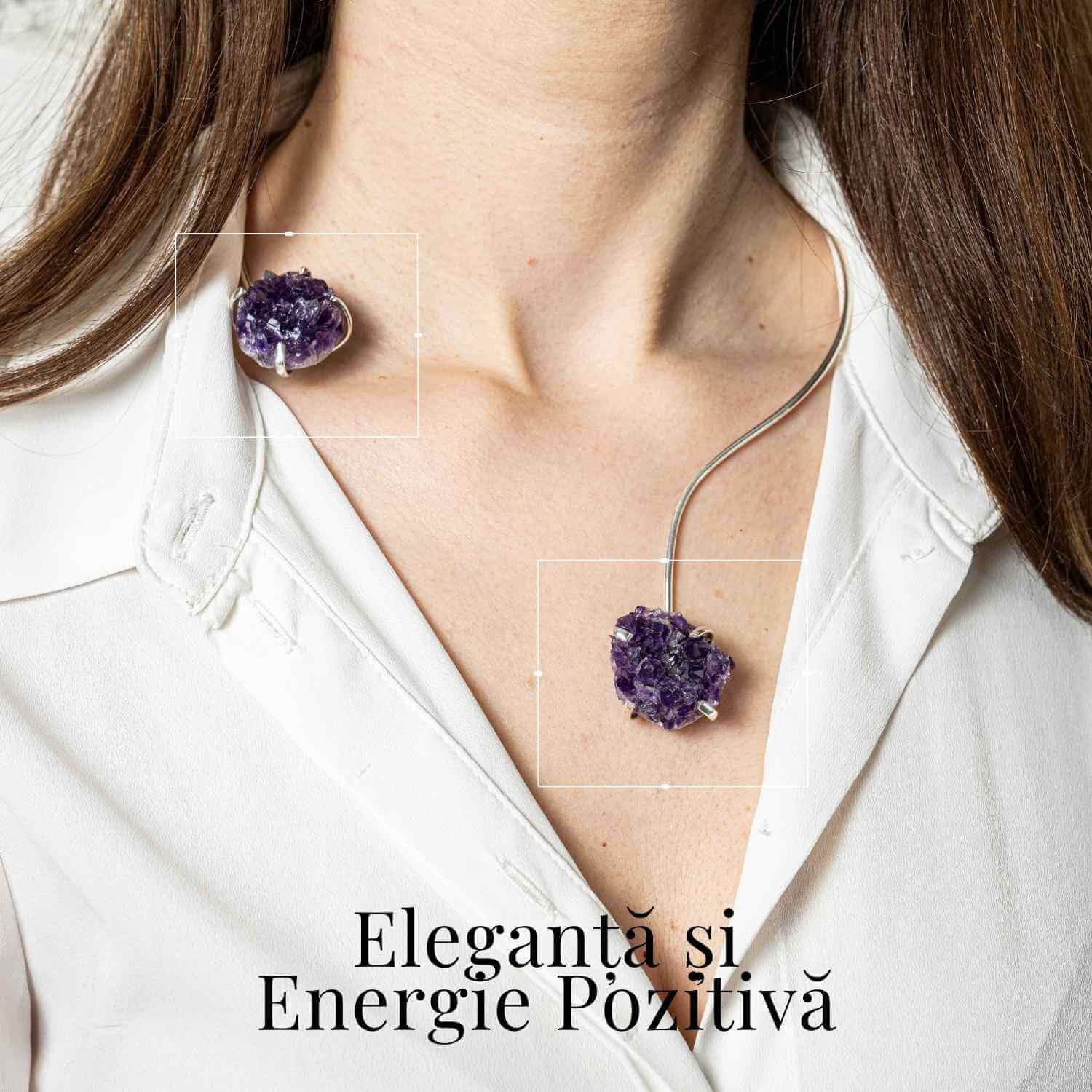 Colier Choker Argintiu cu Piatra Naturala Ametist Druzy