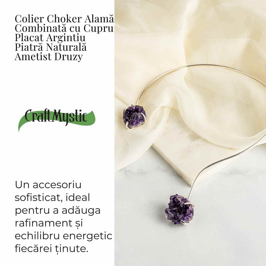 Colier Choker Argintiu cu Piatra Naturala Ametist Druzy
