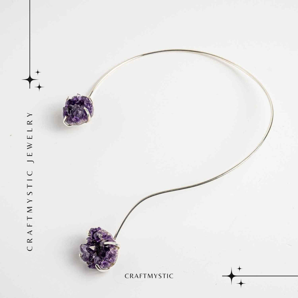 Colier Choker Argintiu cu Piatra Naturala Ametist Druzy