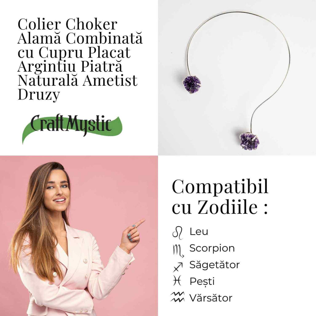 Colier Choker Argintiu cu Piatra Naturala Ametist Druzy