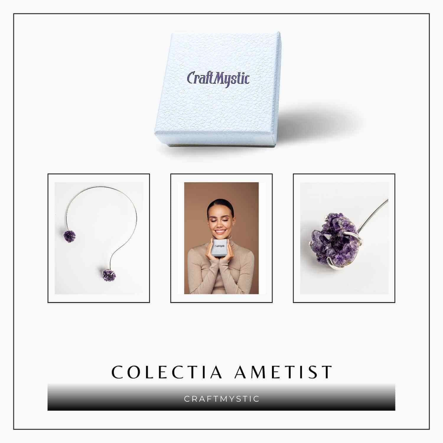 Colier Choker Argintiu cu Piatra Naturala Ametist Druzy