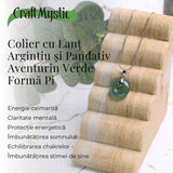 Colier Argintiu cu Aventurin Verde Forma Pi - Echilibru și Prosperitate, Lungime Totala 50 cm, Diametru Pandantiv 20 mm