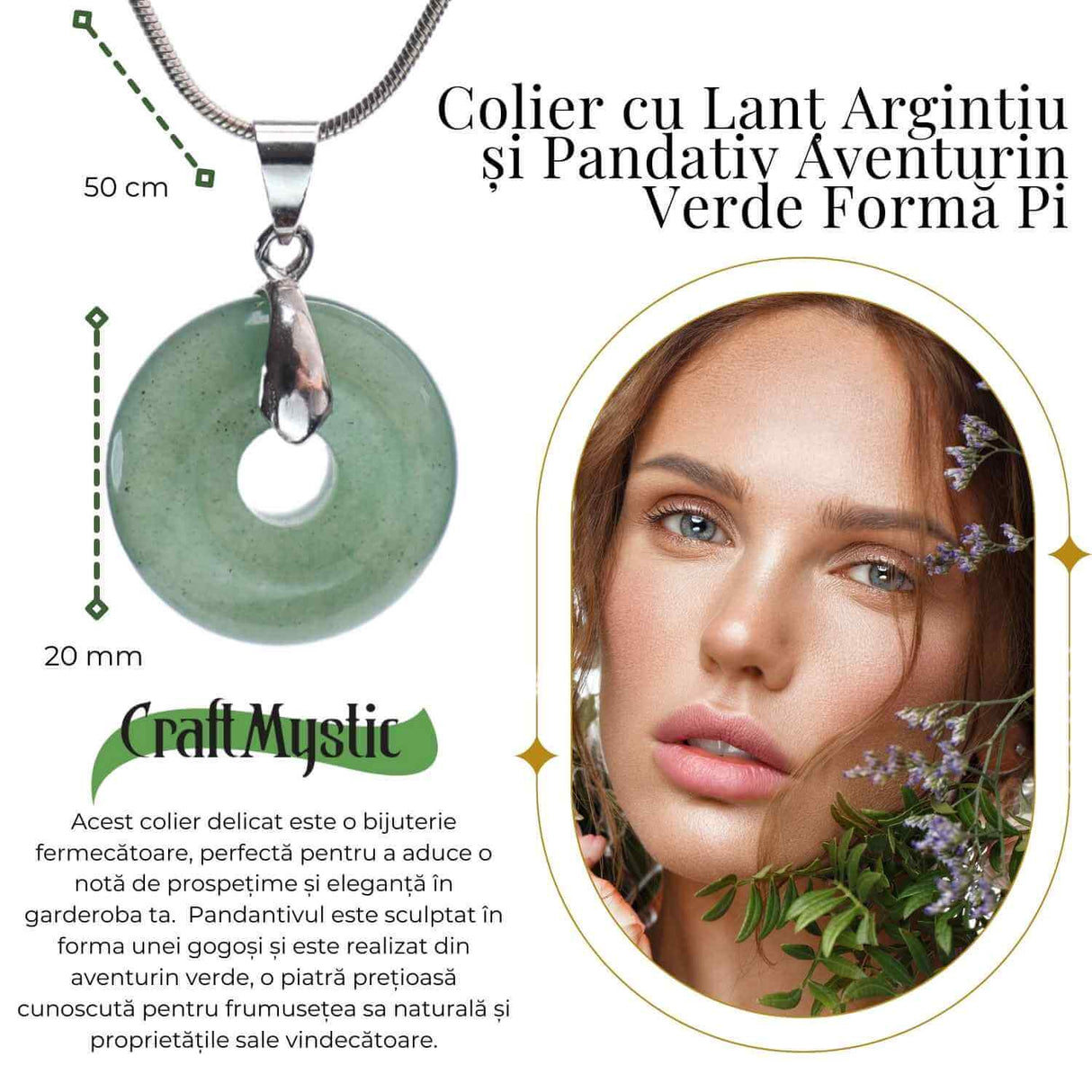 Colier Argintiu cu Aventurin Verde Forma Pi - Echilibru și Prosperitate, Lungime Totala 50 cm, Diametru Pandantiv 20 mm