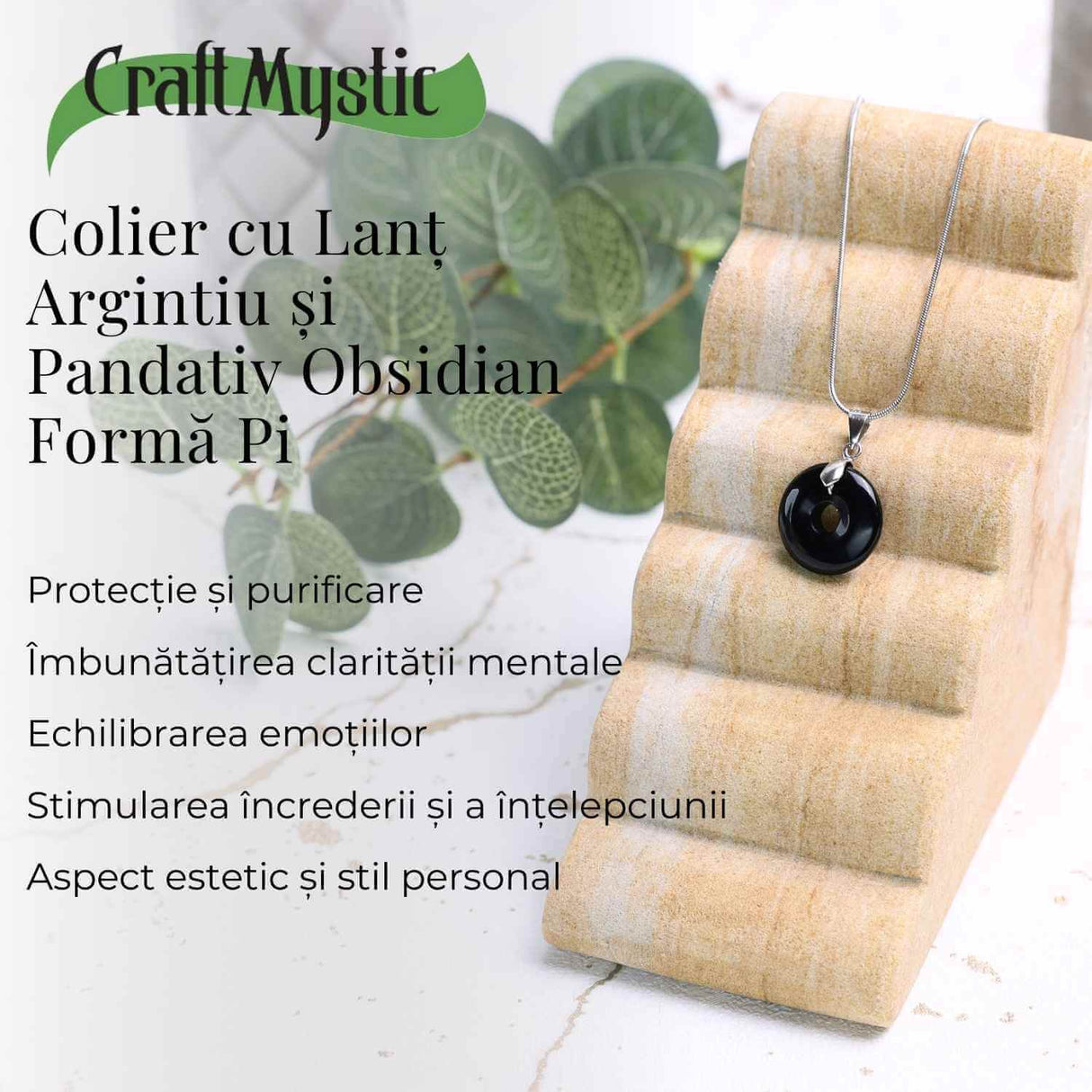 Colier Argintiu cu Obsidian Forma Pi - Protectie si Echilibru, Lungime Totala 50 cm, Diametru Pandantiv 20 mm