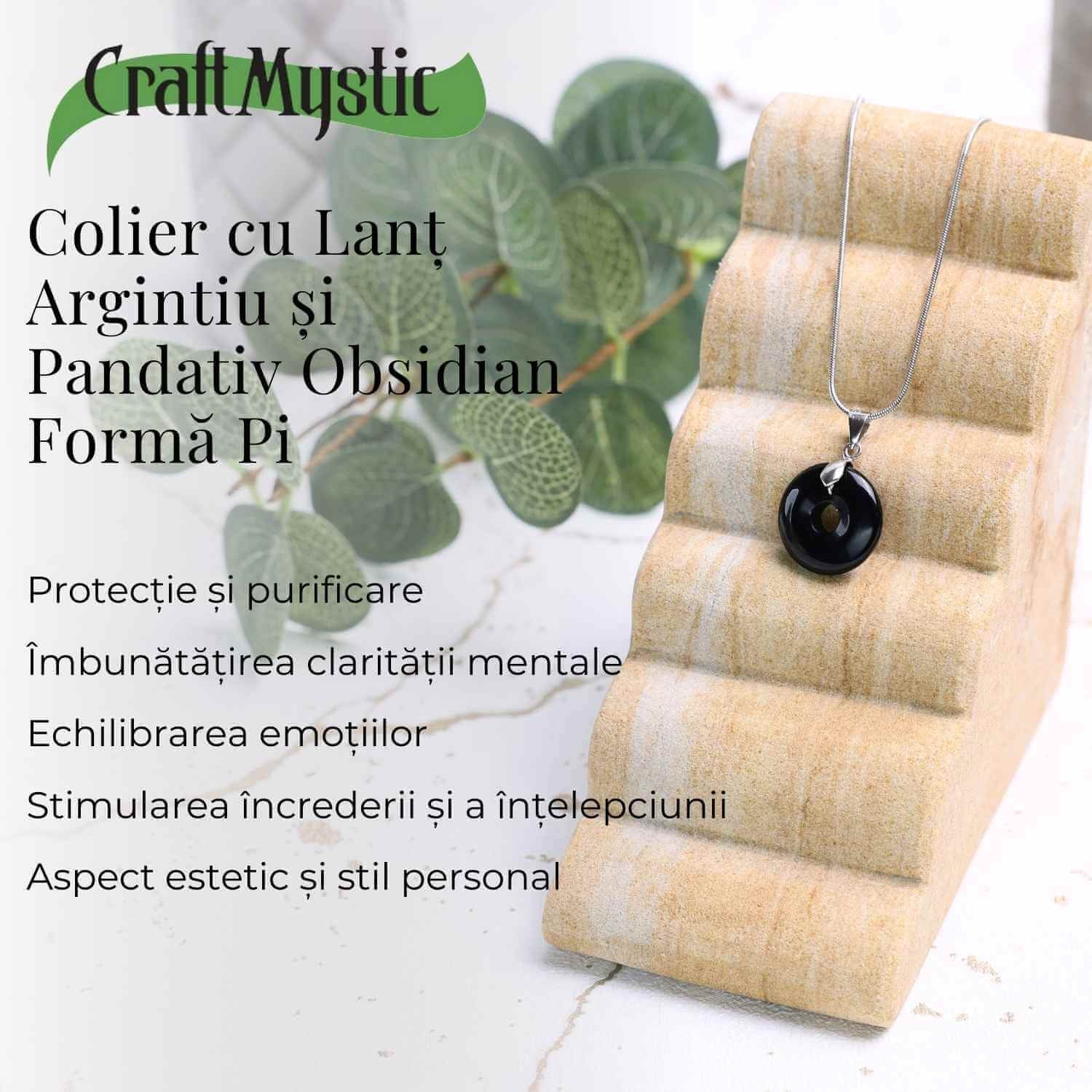 Colier Argintiu cu Obsidian Forma Pi