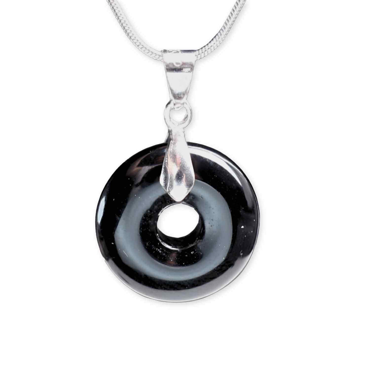Colier Argintiu cu Obsidian Forma Pi - Protectie si Echilibru, Lungime Totala 50 cm, Diametru Pandantiv 20 mm