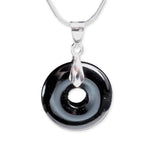Colier Argintiu cu Obsidian Forma Pi - Protectie si Echilibru, Lungime Totala 50 cm, Diametru Pandantiv 20 mm