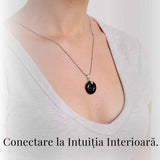 Colier Argintiu cu Obsidian Forma Pi - Protectie si Echilibru, Lungime Totala 50 cm, Diametru Pandantiv 20 mm