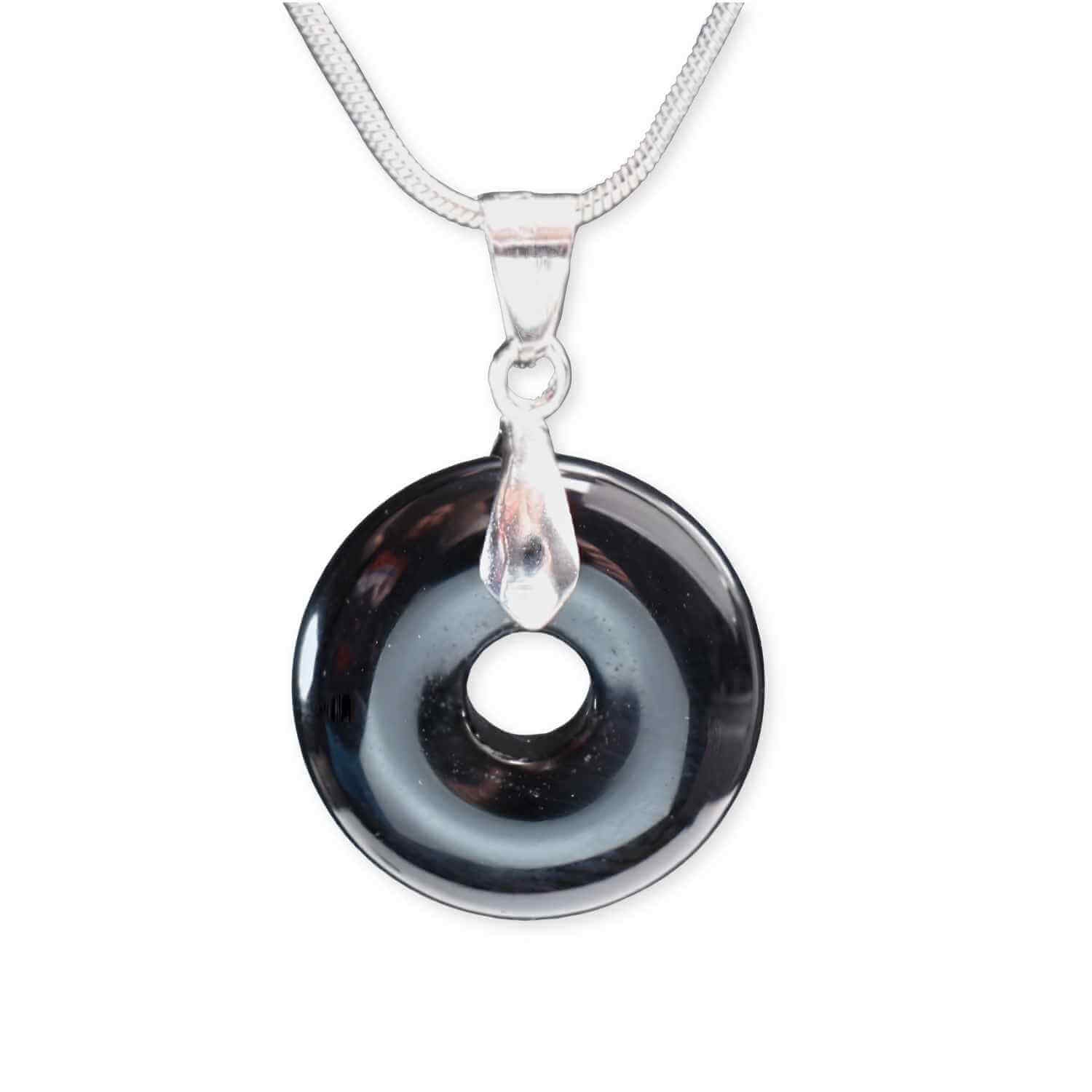Colier Argintiu cu Obsidian Forma Pi - Protectie si Echilibru, Lungime Totala 50 cm, Diametru Pandantiv 20 mm