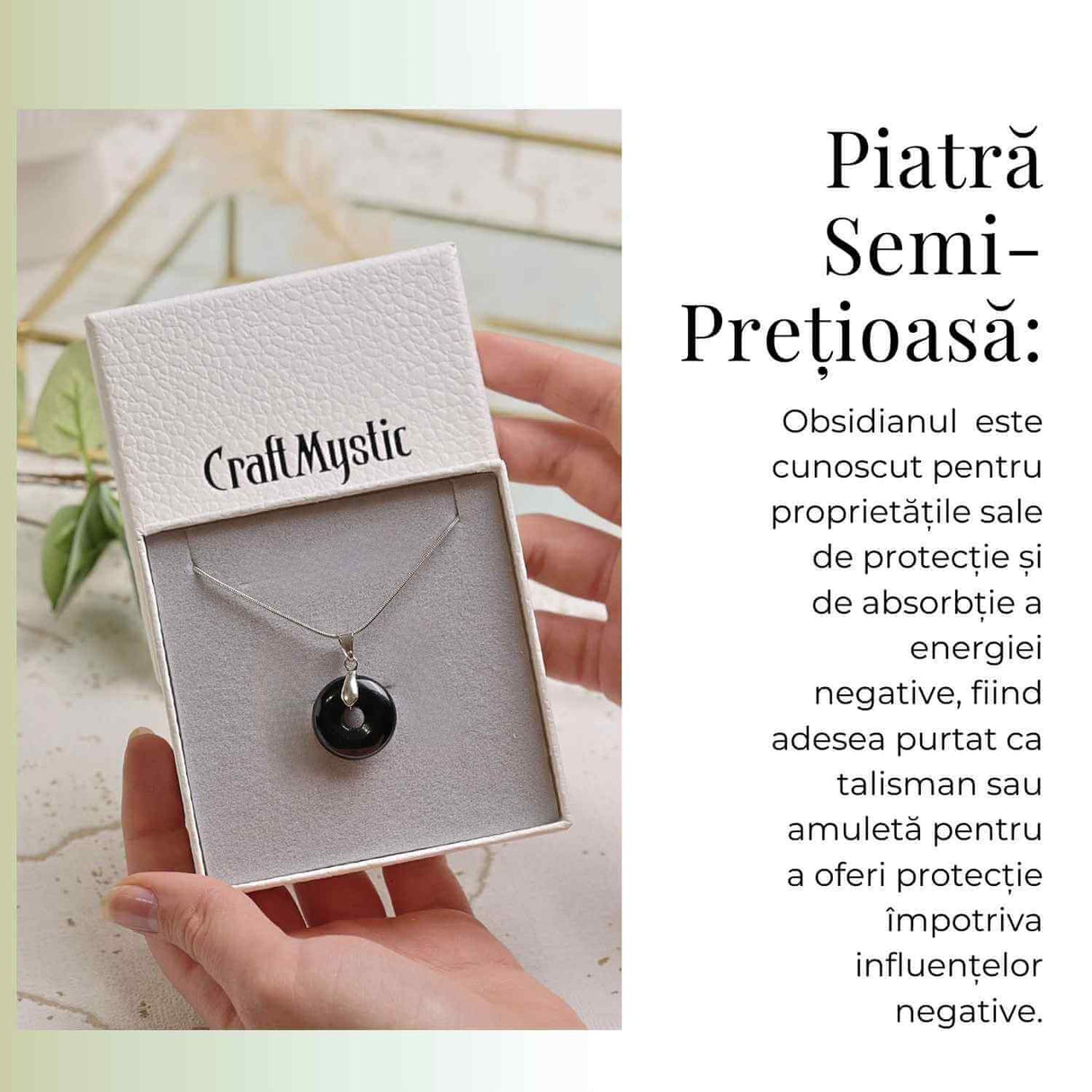 Colier Argintiu cu Obsidian Forma Pi - Protectie si Echilibru, Lungime Totala 50 cm, Diametru Pandantiv 20 mm