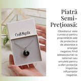 Colier Argintiu cu Obsidian Forma Pi - Protectie si Echilibru, Lungime Totala 50 cm, Diametru Pandantiv 20 mm