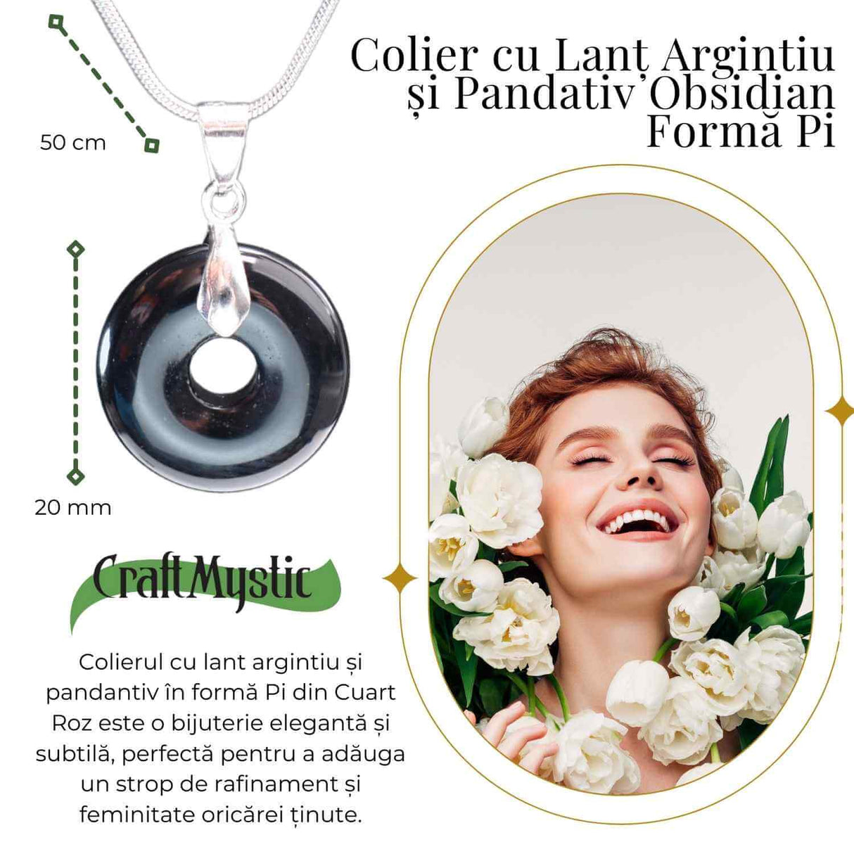 Colier Argintiu cu Obsidian Forma Pi - Protectie si Echilibru, Lungime Totala 50 cm, Diametru Pandantiv 20 mm