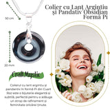 Colier Argintiu cu Obsidian Forma Pi - Protectie si Echilibru, Lungime Totala 50 cm, Diametru Pandantiv 20 mm