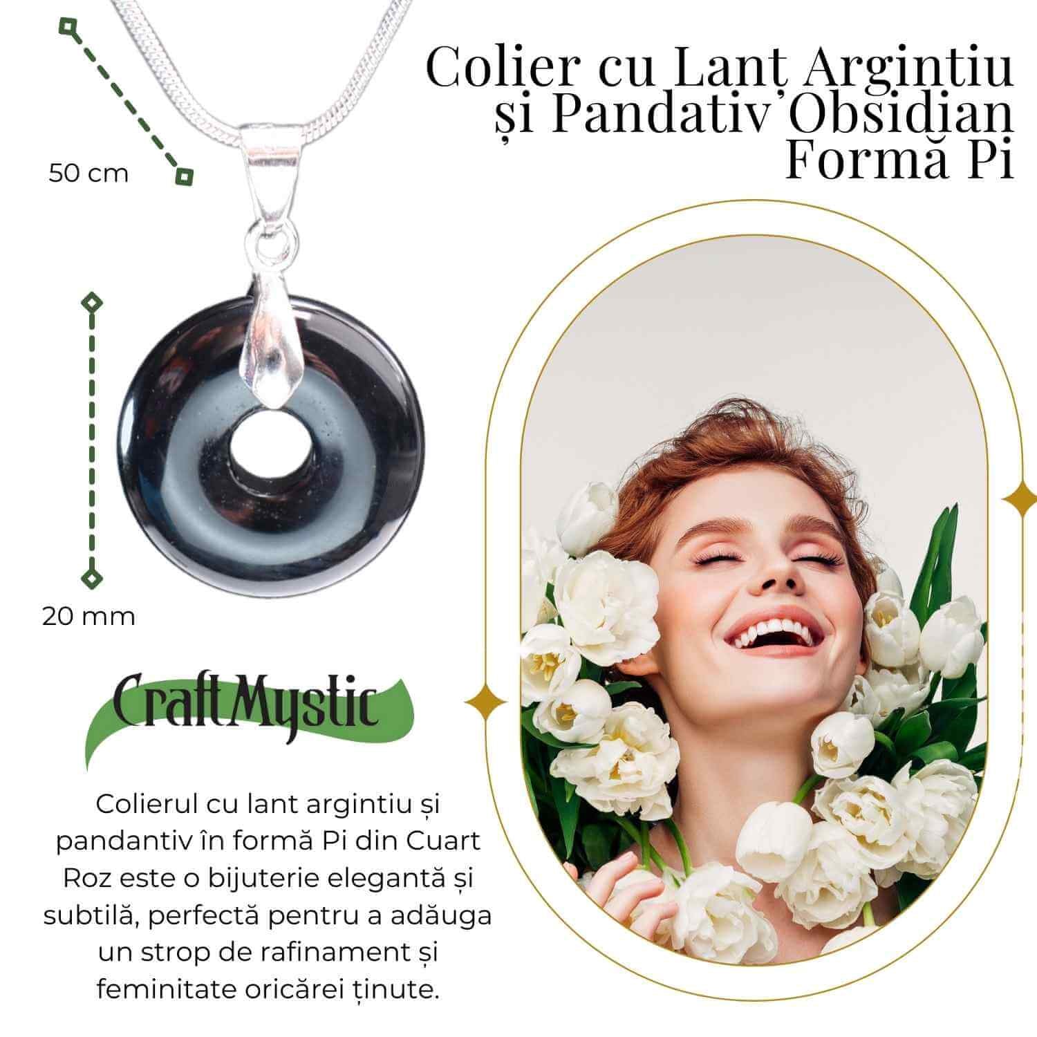 Colier Argintiu cu Obsidian Forma Pi