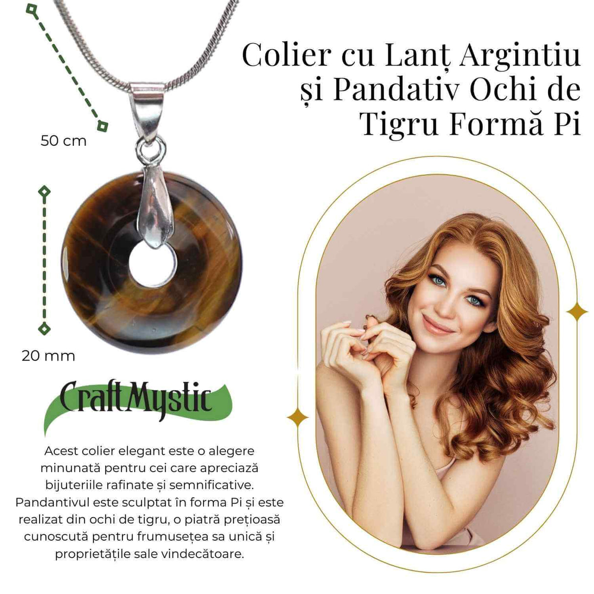 Colier Argintiu cu Ochi de Tigru Forma Pi - Protectie si Energie, Lungime Totala 50 cm, Diametru Pandantiv 20 mm