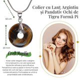 Colier Argintiu cu Ochi de Tigru Forma Pi - Protectie si Energie, Lungime Totala 50 cm, Diametru Pandantiv 20 mm