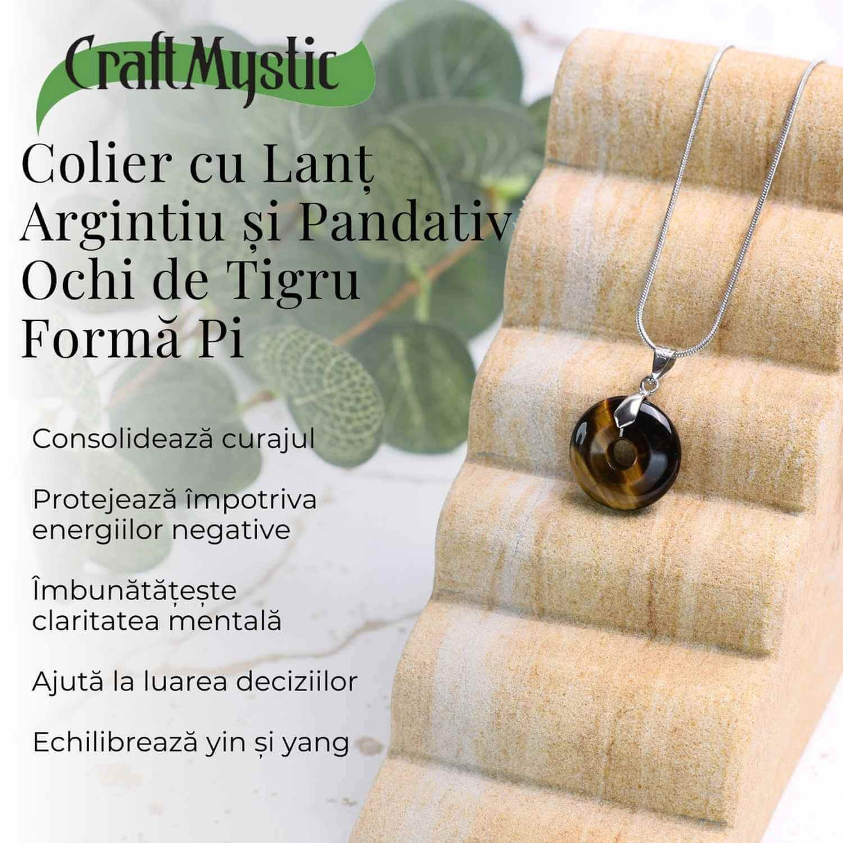 Colier Argintiu cu Ochi de Tigru Forma Pi - Protectie si Energie, Lungime Totala 50 cm, Diametru Pandantiv 20 mm
