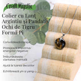 Colier Argintiu cu Ochi de Tigru Forma Pi - Protectie si Energie, Lungime Totala 50 cm, Diametru Pandantiv 20 mm